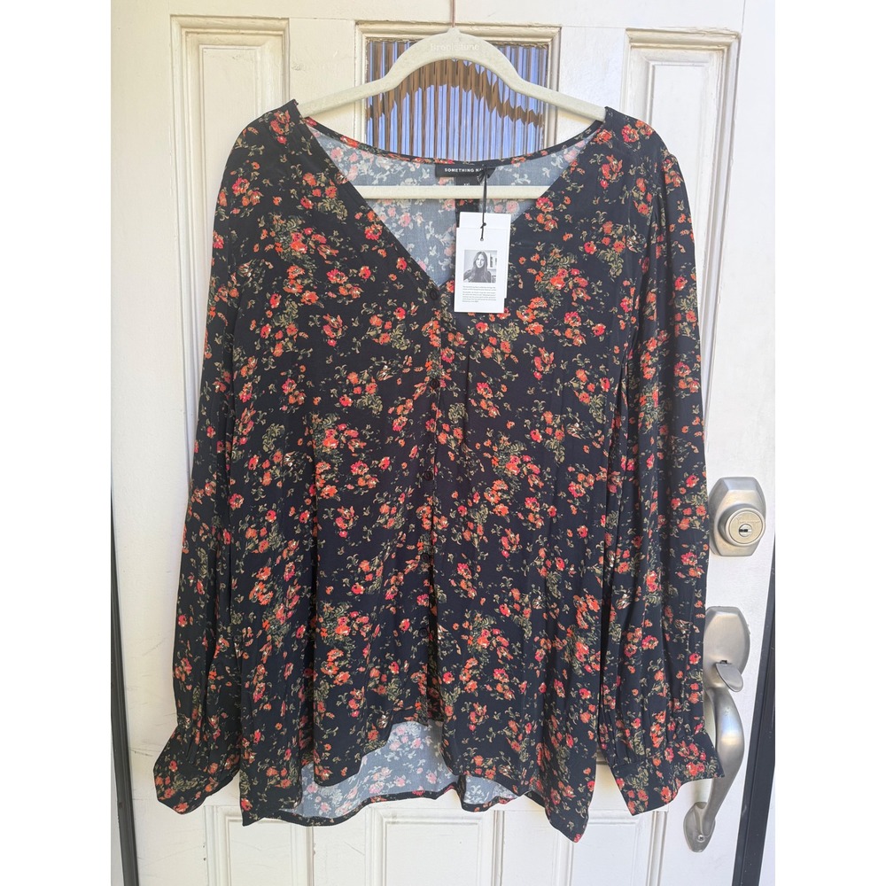 Something Navy Black Jardin Floral V-Neck Blouse Long Sleeve SN417643MI Size XXL